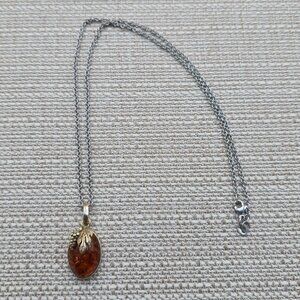 18 Inch Sterling Silver Stunning Large Amber Pendant Necklace A4533